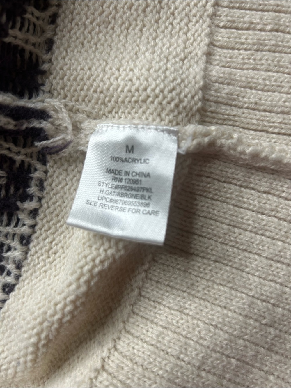 Pink Republic Ivory Open-Front Faire Isle Cardigan Geometric Trim Sz M Boho Cozy - Picture 6 of 9